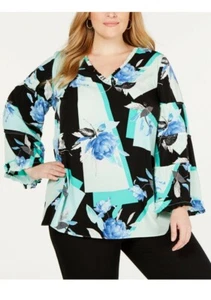 Blusa para mujer Alfani negra verde 1X Plus floral con volantes manga campana #166 - Imagen 1 de 2