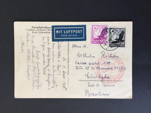 D DEUTSCHLAND 1935 40pf + 100pf LUFT AUF POSTKARTE EUROPA/S. AMERIKA MARK NACH BRASILIEN - Bild 1 von 2