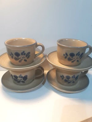 Vintage Pfaltzgraff Folk Art Tan Blue Pattern 4 Coffee Cups And Saucers E.U.C. - Image 1 of 4