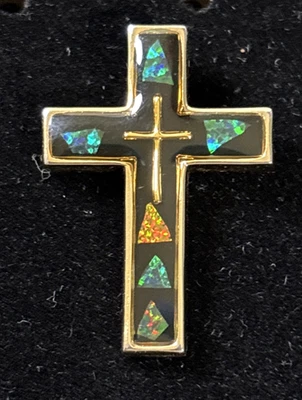 Synthetic OPAL INLAY Gold Tone CROSS PENDANT 1.25" - Image 1 of 4