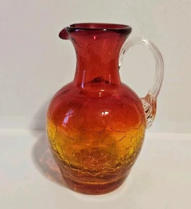 Small Vintage Amberina Red Yellow Crackle Glass Hand Blown Pitcher Vase 4" - Picture 1 of 11