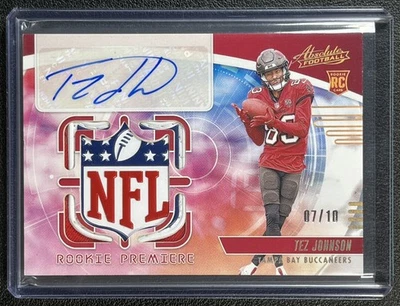 TEZ JOHNSON 2025 PANINI ABSOLUTE ROOKIE PREMIERE NFL SHIELD PATCH AUTO 07/10 - Image 1 of 2