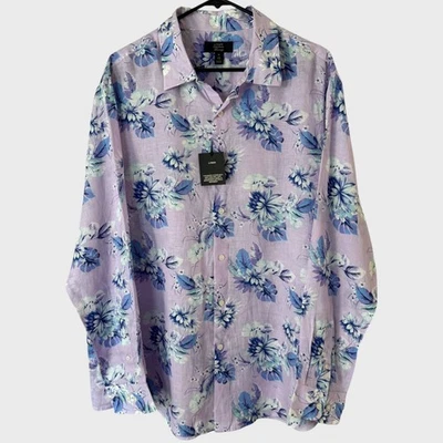 Club Room Noche Floral-Print Button-Up Shirt Purple Men's Size XL 100% Linen New - Image 1 of 4