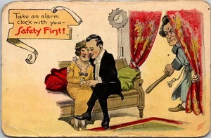 Take an Alarm Clock with You Safety First Courting Couple Father 1900s Postcard - Picture 1 of 2