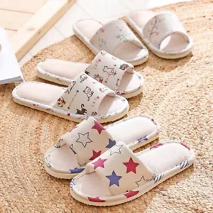 Women Men Home Anti-slip Cotton Linen Floral Shoes Indoor Open Toe Flat Slippers - Picture 1 of 15