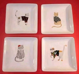 NEW RAE DUNN MAGENTA SET of 4 SQUARE CAT CANAPE PLATES,DAPPER CAT M2G20-NLA,RARE - Picture 1 of 24