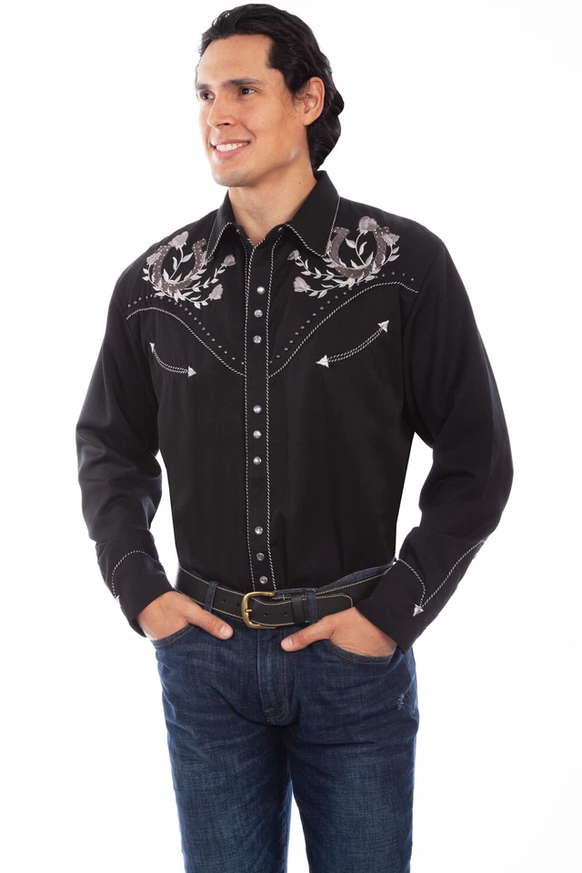 Scully Men's 3X Western Dress Shirt Dark Black Gold Embroidery Pearl Snaps P-852