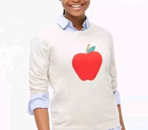 J. Crew NWT Women's Sz Medium Sequin Apple Knit Crewneck Cotton Sweater Teacher - Photo 1/8