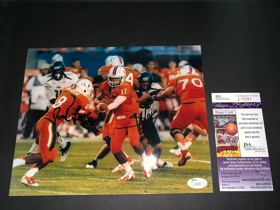 "DUKE" JOHNSON & STEPHEN MORRIS  MIAMI HURRICANES SIGNED 8X10 PHOTO W/JSA COA - Image 1 of 1