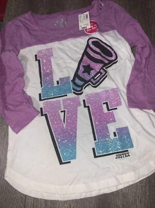 Justice Sz 12 glow in the dark love cheer shirt nwt purple blue white - Picture 1 of 5