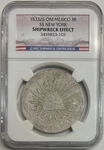 1833 Zs OM Mexico 8 Reales SS New York NGC Shipwreck Effect Silver Coin Genuine - Picture 1 of 12