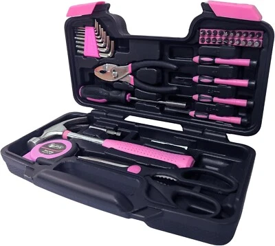 Ladies Pink Tool Box Set DIY Kit with Pink Hammer, Pink Pliers, Screwdrivers - Image 1 of 4