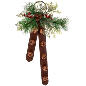 New Primitive Farmhouse Christmas JINGLE BELL LEATHER STRAP PINE Door Hanger - Picture 1 of 1