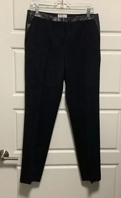 TORY BURCH Christy Wool Blend Leather Trim Navy Blue Twill Ankle Pants Sz 8 - Image 1 of 4