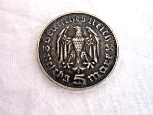 Vintage Original WW2 Deutschland 1936 5 Mark Silbermünze mit Paul von Hindenburg - Bild 1 von 3