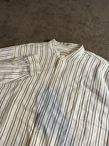 Orvis Linen Blend Long Sleeve Band Grandad Collar White Striped Shirt Men’s XL - Picture 1 of 7