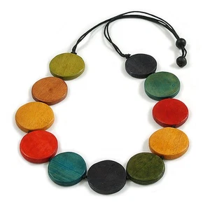 Multicoloured Round Coin Beaded with Cotton Cord Neckace - 80cm Long/ Adjustable - Picture 1 of 6