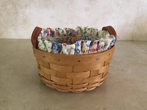 2004 Longaberger Round Basket Floral Cloth & Plastic Liner, 2 Leather Handles - Picture 1 of 10