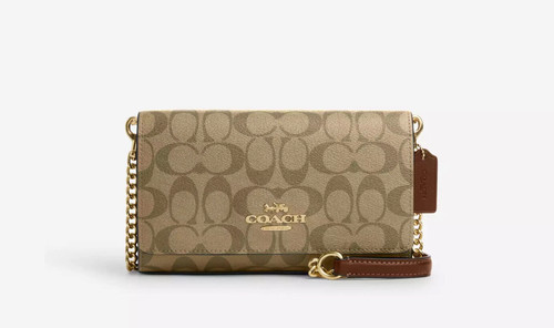 COACH Flap Clutch Crossbody in Signature Canvas Brown Black CP033 