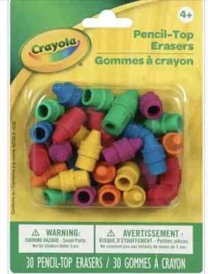 Crayola Pencil Top Erasers 30 Count Crayon Tip Red Green Yellow Blue Orange. NEW - Image 1 of 2