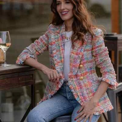 Blazer Dana Buchman Petite multicolor tejido a cuadros de un solo pecho, 10, nuevo con etiquetas $595 Foto 1 de 4