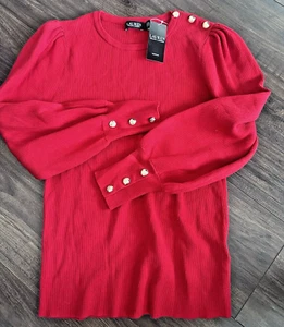 Lauren Ralph Lauren Women's Sweater Gold Button Trim Ribbed Puff Sleeves Red 1X - Picture 1 of 6
