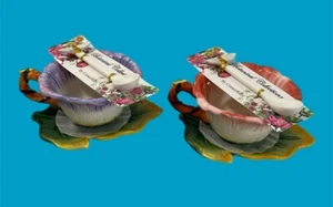 Corner Ruby Garden Collection- 2 Teacup Sets- Floral Cup Leaf Saucer +Spoon - Picture 1 of 12