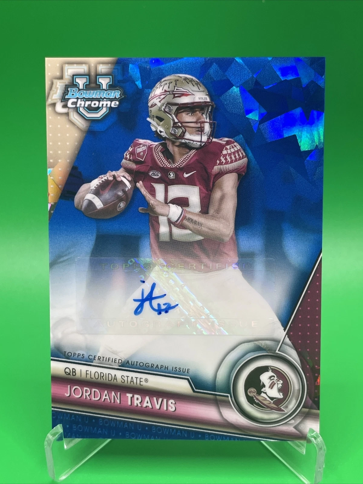 Jordan Travis 2023 Topps Bowman Chrome U Sapphire Auto Florida State Seminoles