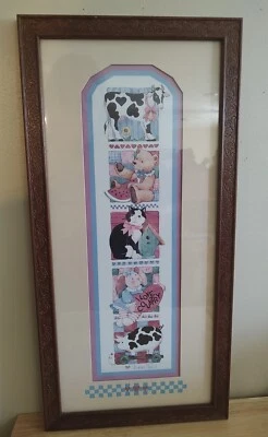 Vtg Home Interiors Barbara Mock Country Framed Picture Cow Pig Cat Animal Stack  - Image 1 of 4