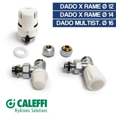 VALVOLA E DETENTORE CON TERMOSTATO RAME 12 14 MULT 16 A SQUADRA CALEFFI 24686V - Immagine 1 di 4