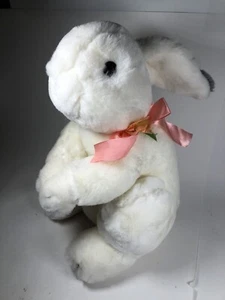 Commonwealth Plush Bunny Rabbit White Pink Bow Flower Grey Tip Ears 14” 1990 - Picture 1 of 10