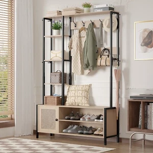 Hall Tree 5-in-1 Coat Rack w/Bench Shoe Storage 2Tier Storage Shelf for Entryway - Picture 1 of 16