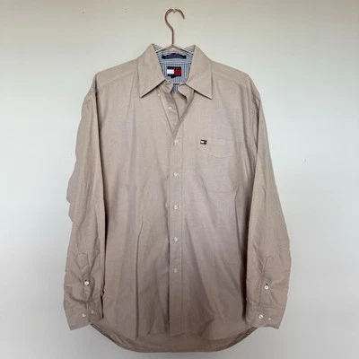 VTG Tommy Hilfiger Shirt Mens Medium Khaki Front Pocket Logo Long Sleeve Preppy - Изображение 1 из 4