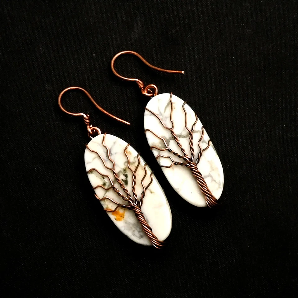 Pendientes colgantes de alambre de cobre con piedras preciosas Howlita regalo de joyería 2,08" AE-12975 Foto 1 de 1