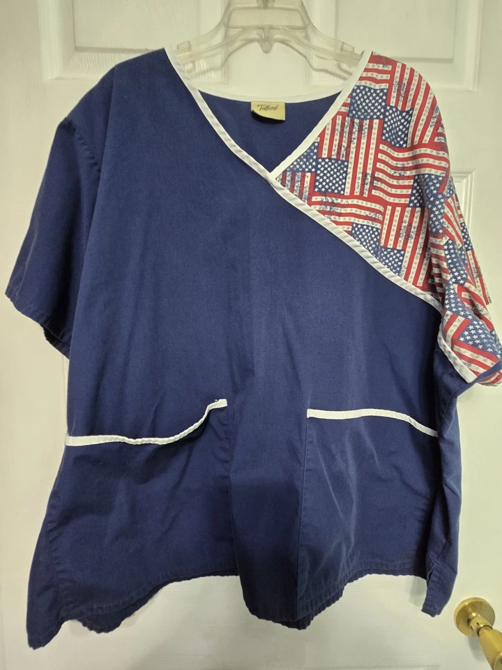 TAFFORD Scrub TOP size 3XL-RED/White/BLUE Flag Print V-Neck-Chest 30.5"/L 28.5" - Image 1 of 4