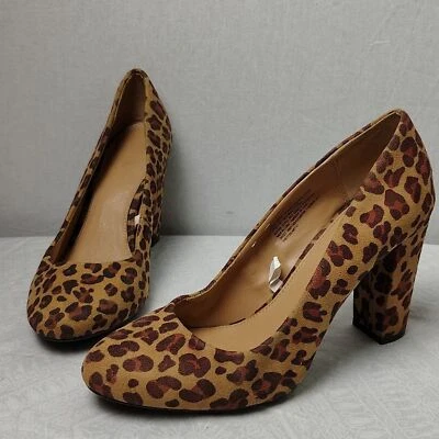 Leopard Print Faux Animal Fur Suede Womens Pumps Chunky Block Heels Almond Toe 9 - Image 1 of 4