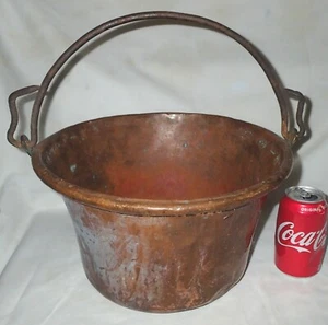 ANTIQUE COUNTRY FARM COPPER PAIL PLANTER BUCKET POT KETTLE FORGED IRON HANDLE US - Picture 1 of 14