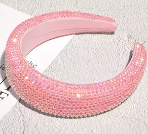 Thick Knitting Headband Padded Shiny One Size Soft Pink Rhinestone - Picture 1 of 1