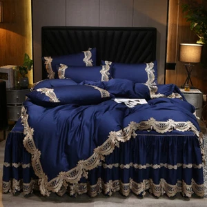 Bedding Set 4pcs Luxury Cotton Satin Lace Duvet Cover Bed Skirt 2 Pillow Shames - Picture 1 of 18