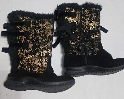 Joan Boyce Mid Calf Winter Boots Faux Fur Sequins Bow Round Toe Womens Size 5.5M - Image 1 of 4