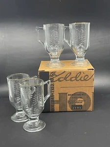 Eddie Bauer Home Holiday-Tree 8 oz Glass Mugs w/ 16-Carat Gold Trim Set of 4 NOS - Picture 1 of 11