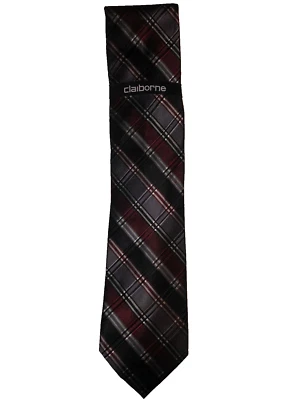 Corbata de seda Claiborne gris borgoña a cuadros ancho clásico para hombre Foto 1 de 2