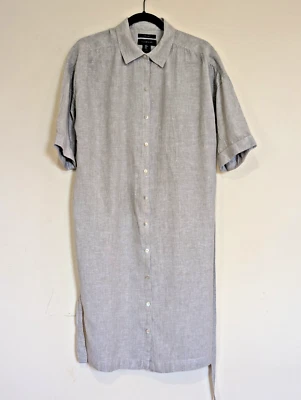 Tahari Linen Full Button Tie Waist Shirt Dress Sz M Gray Minimal Lagenlook Beach - Image 1 of 4