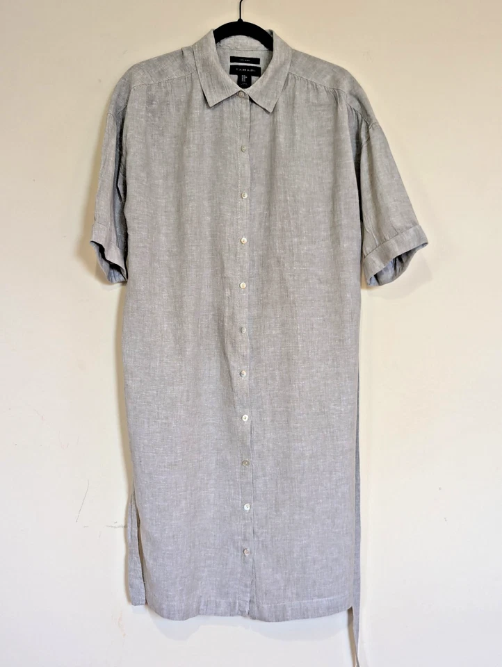 Tahari Linen Full Button Tie Waist Shirt Dress Sz M Gray Minimal Lagenlook Beach - Image 1 of 4
