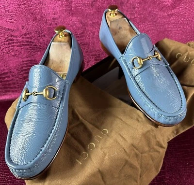 $820 Mens Blue Patent Leather Gucci Loafers Shoes Sz 9 G / 10 D US Made In ITALY - Image 1 of 4