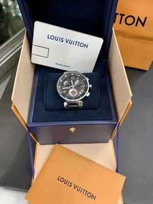 AUTÉNTICO RELOJ CRONÓGRAFO LOUIS VUITTON TAMBOUR MOON STAR GM Q8D11 NEGRO PLATA Foto 1 de 4