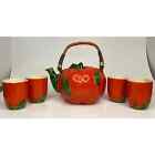 6 pc set Vintage Japanese Maruhon Ware Tomato teapot Bamboo Handle and 4 cups