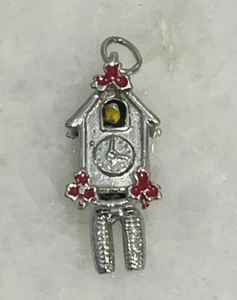 Sterling Silver 925 Articulated Cuckoo Clock Red Yellow Enamel Charm - Picture 1 of 3