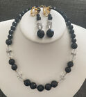 VINTAGE 1950'S SIGNED SCHRAGER BLACK & CLEAR GLASS BEAD NECKLACE & EARRINGS