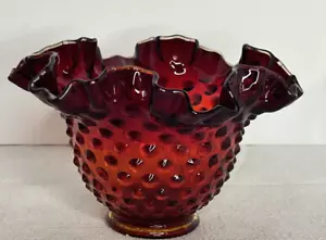 Fenton Amberina Ruby Red Hobnail Rose Bowl Vase Crimped Ruffled 4” UV Reactive - Picture 1 of 18